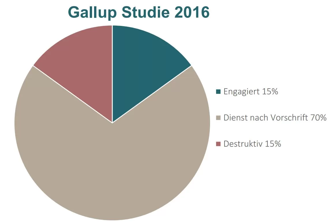 Arbeiten bei FINA, Gallup Studie 2016 engagiert 15%, Dienst nach Vorschrift 70%, destruktiv 15%