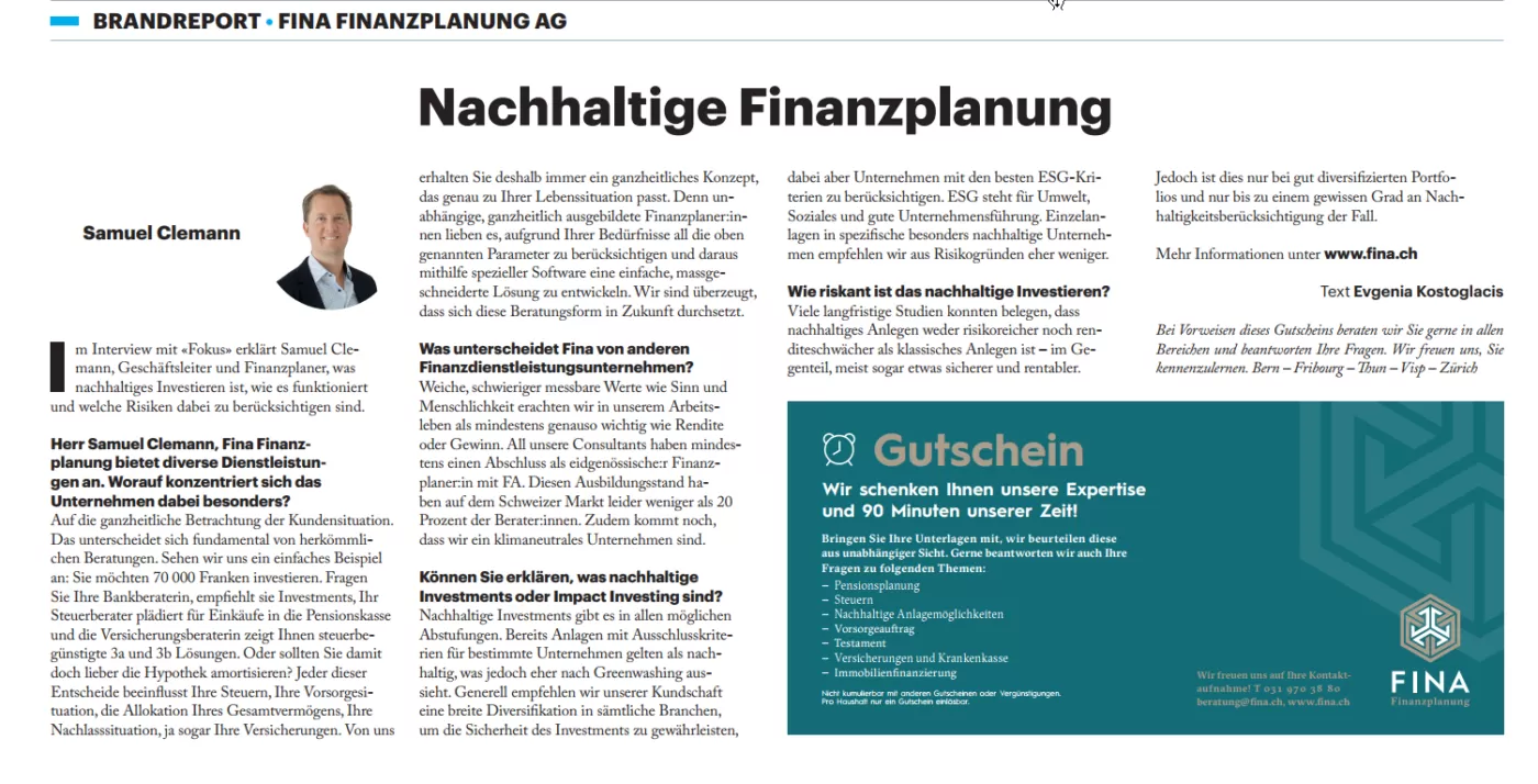 Nachhaltige Finanzplanung und Investments. Fokus Finanzen im Tagesanzeiger Schweiz